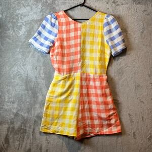 Farm Rio Colorblock Gingham Contrast Romper Size Small Linen Blend Yellow Orange
